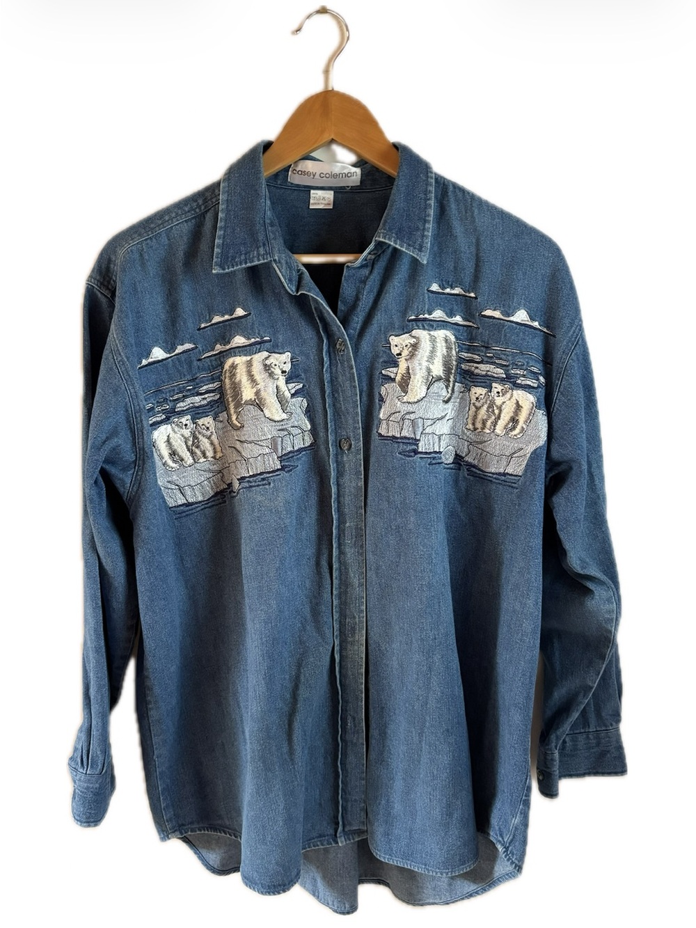 Vintage Dark Blue Denim Button-Down Shirt with Polar Bear Embroidery